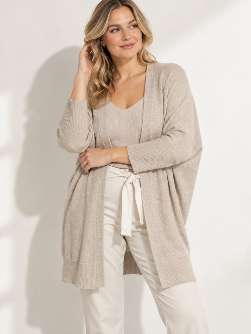 Joseph Ribkoff Beige Draped Open Front Cardigan XL Quiet Luxury Minimalist Luxe